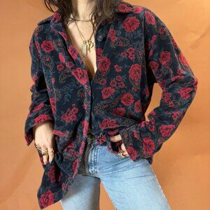 Vintage Floral and Paisley Print Velour 90s Grunge Western Button Down